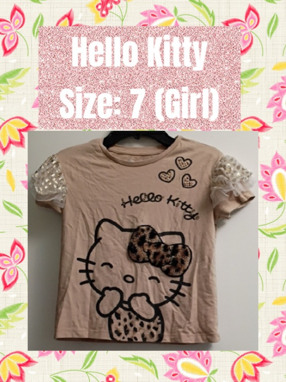 Hello Kitty Cream Short Sleeve Tee with Sequin Puff Sleeves - Picture 1 of 5